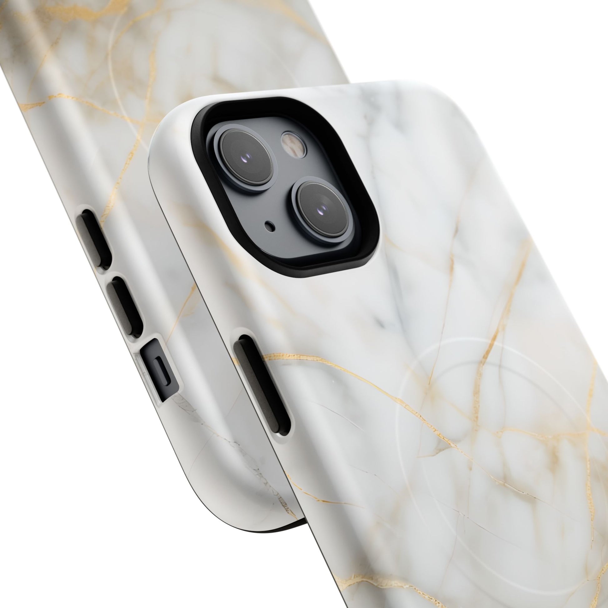 Golden Vein iPhone 14 Plus MagSafe Phone Case -White Neutral Marble Design