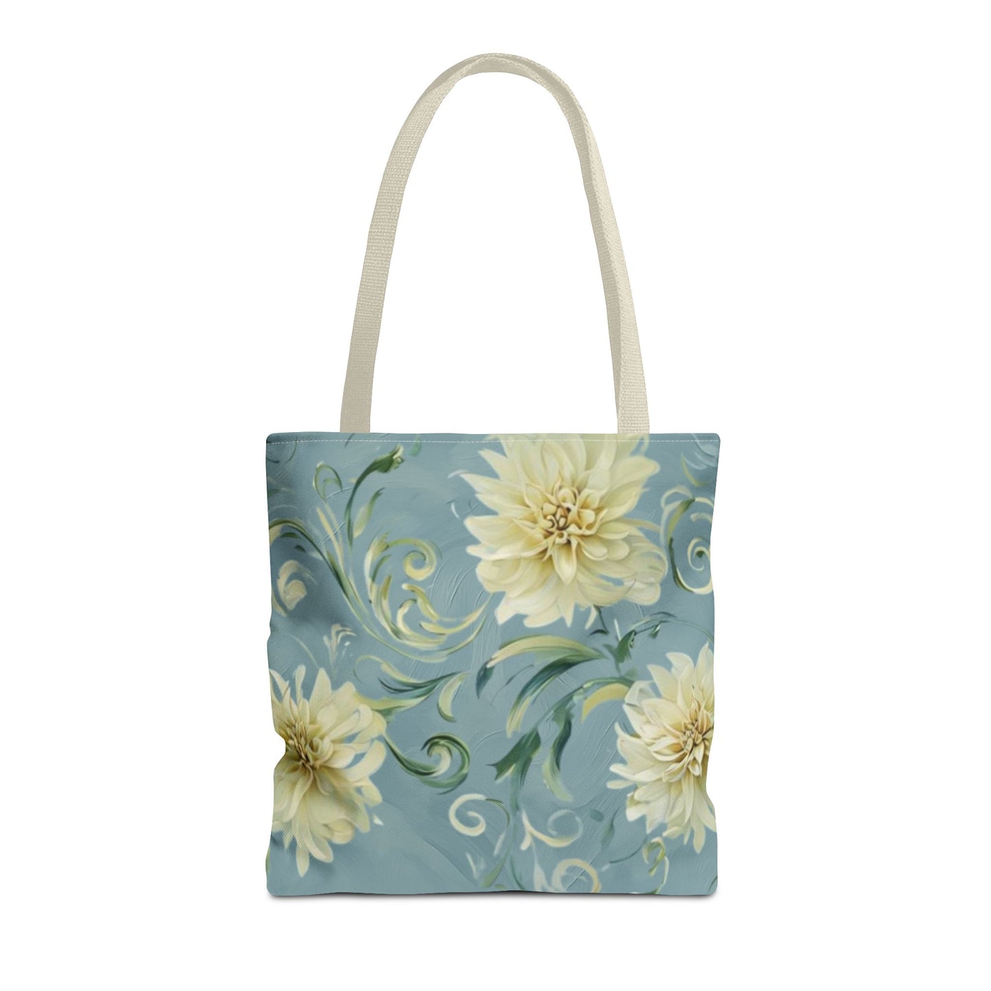 Golden Dahlia Trio canvas tote bag featuring three golden dahlia flowers on soft blue background with light handles