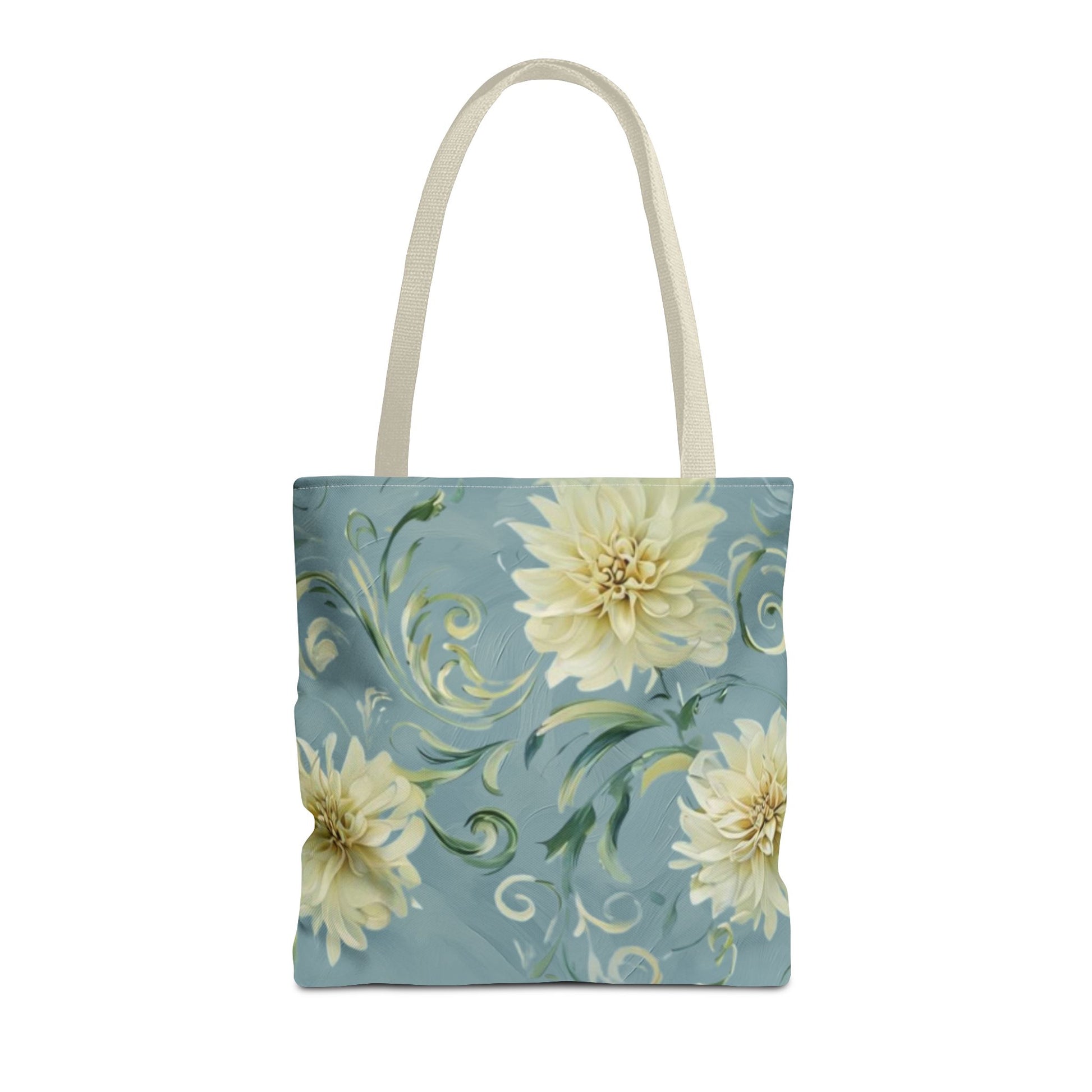 Golden Dahlia Trio canvas tote bag featuring three golden dahlia flowers on soft blue background with light handles