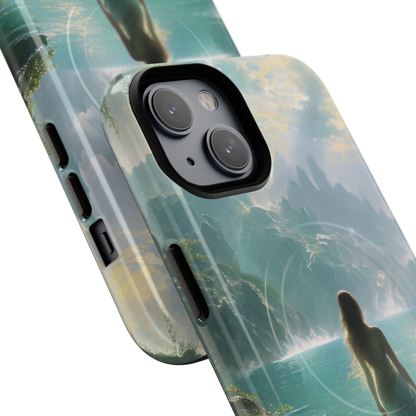 Angled view of Celestial Tides iPhone MagSafe protective phone case