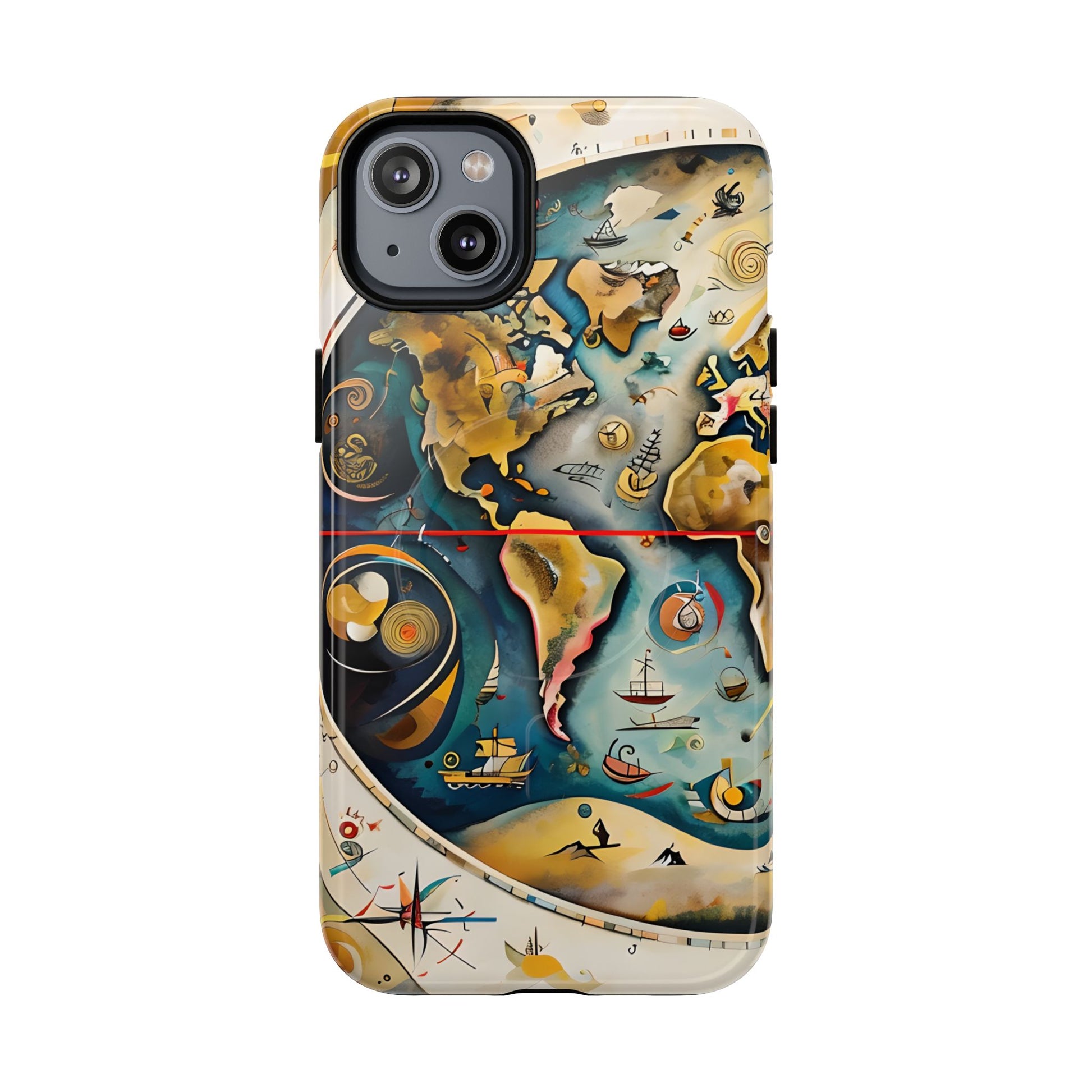 Celestial Map iPhone 14 Plus MagSafe Phone Case -Vintage Nautical World Map, Artistic Blue & Gold