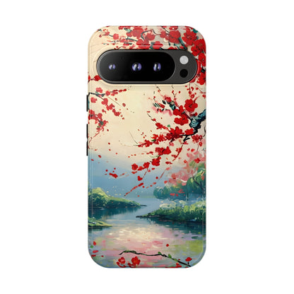 Crimson Blossom Lake - Artistic Floral Landscape Google Pixel 6 Tough Phone Case - Red Cherry Blossoms & Serene Lake Design