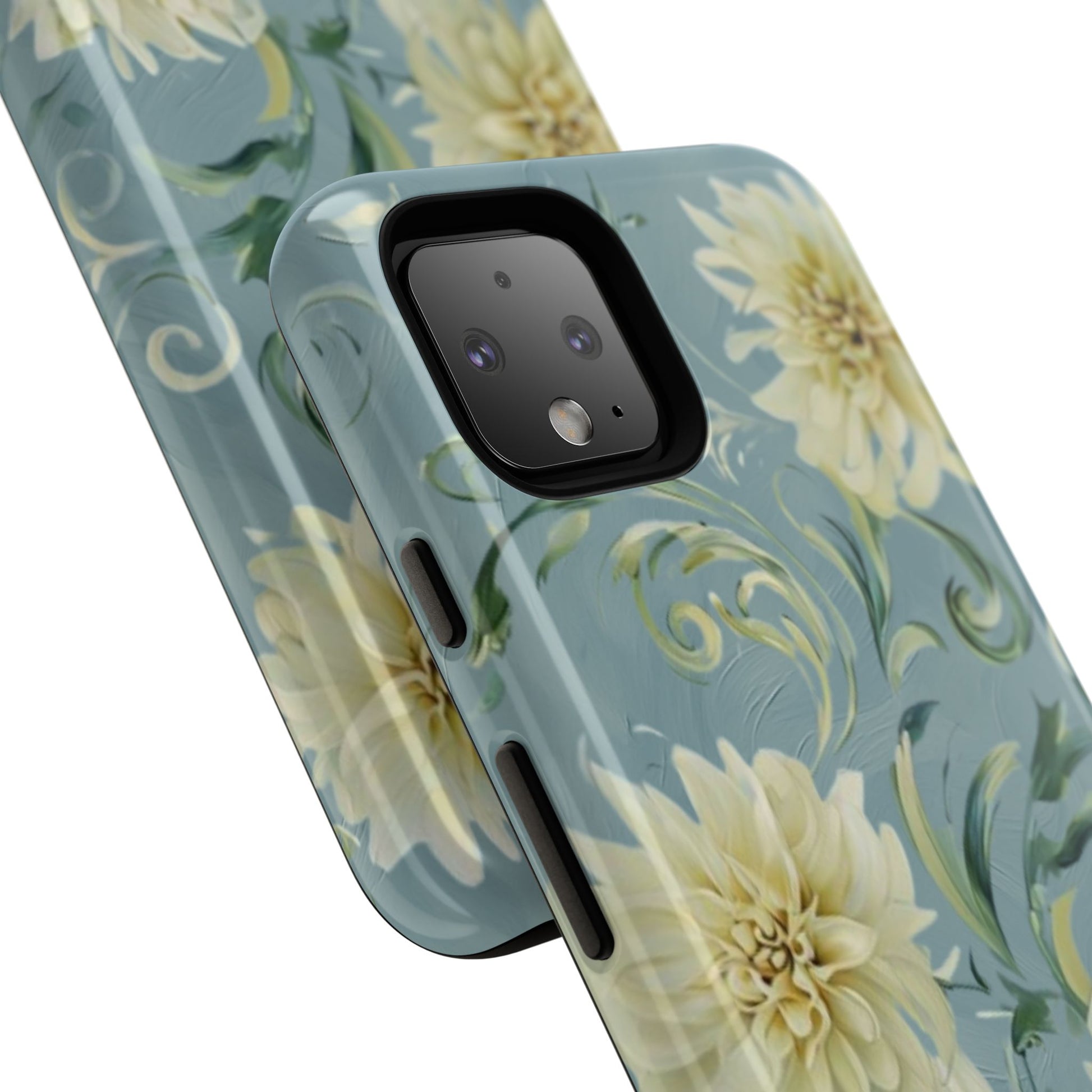 Golden Dahlia Trio - Elegant Floral Google Pixel 4 Tough Phone Case - Artistic White & Blue Dahlia Design