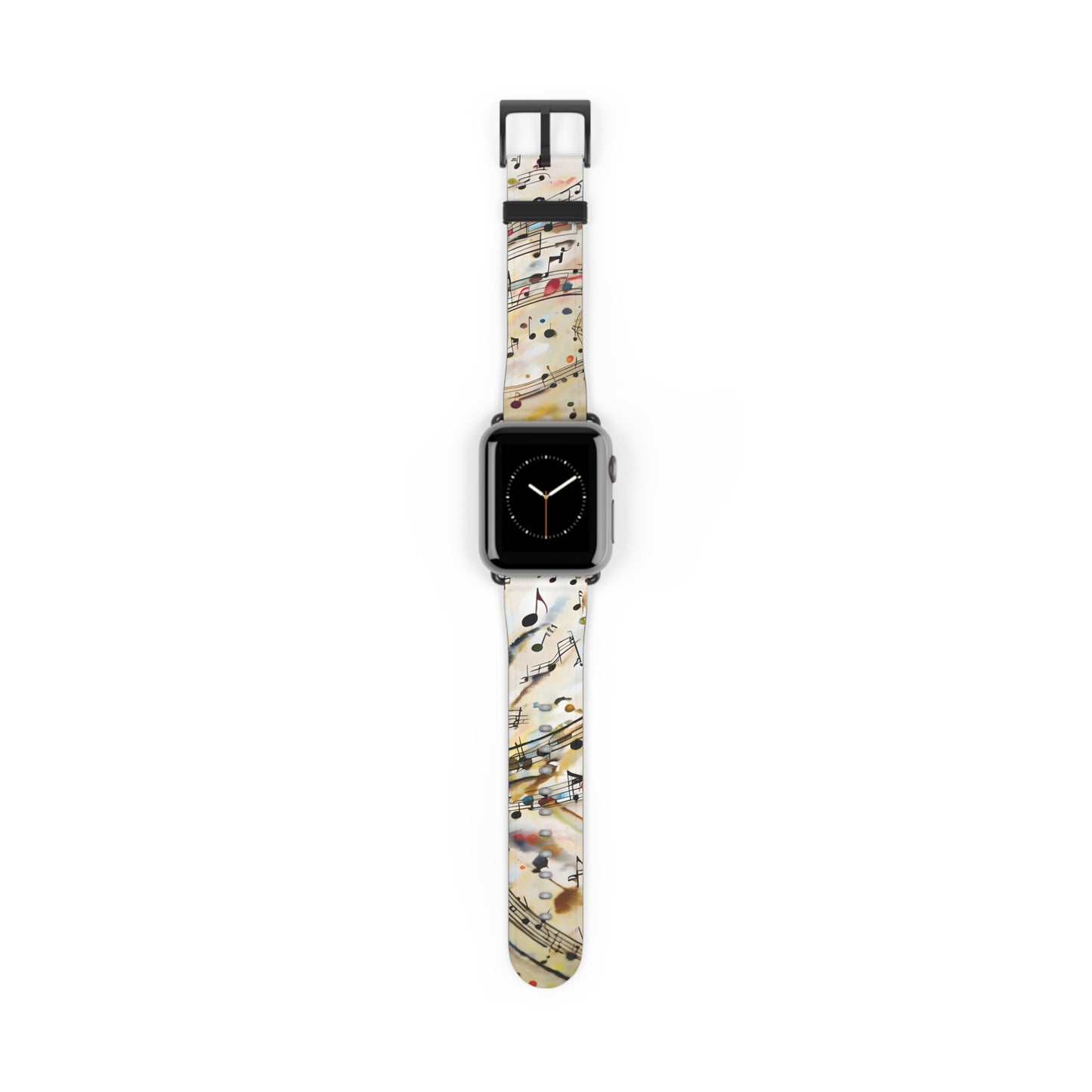 Melodic Flow Apple Watch band featuring flowing musical notes and sheet music staff lines on ivory background
