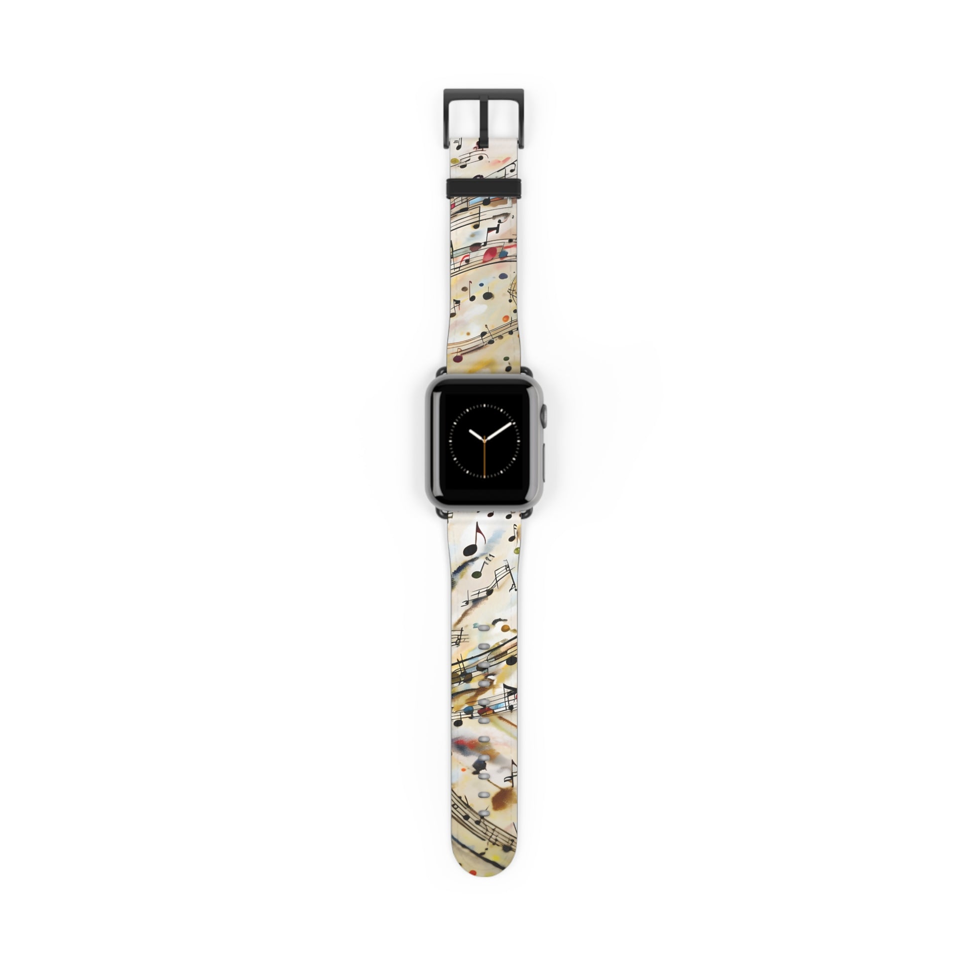 Melodic Flow Apple Watch band featuring flowing musical notes and sheet music staff lines on ivory background