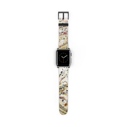 Melodic Flow Apple Watch band featuring flowing musical notes and sheet music staff lines on ivory background
