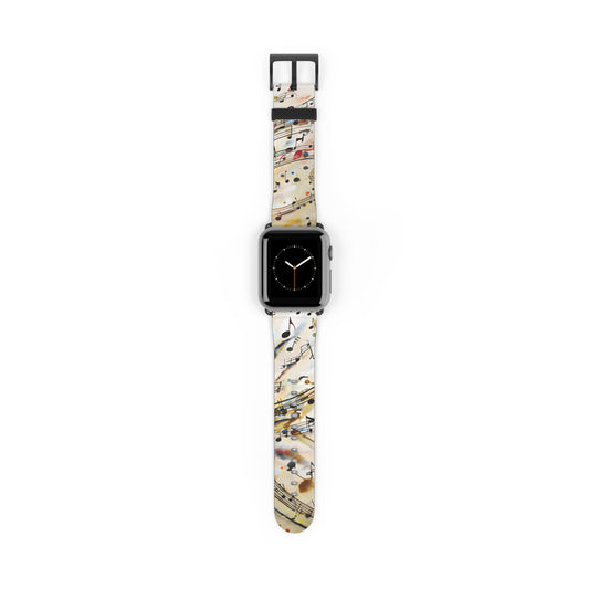 Melodic Flow Apple Watch band featuring flowing musical notes and sheet music staff lines on ivory background