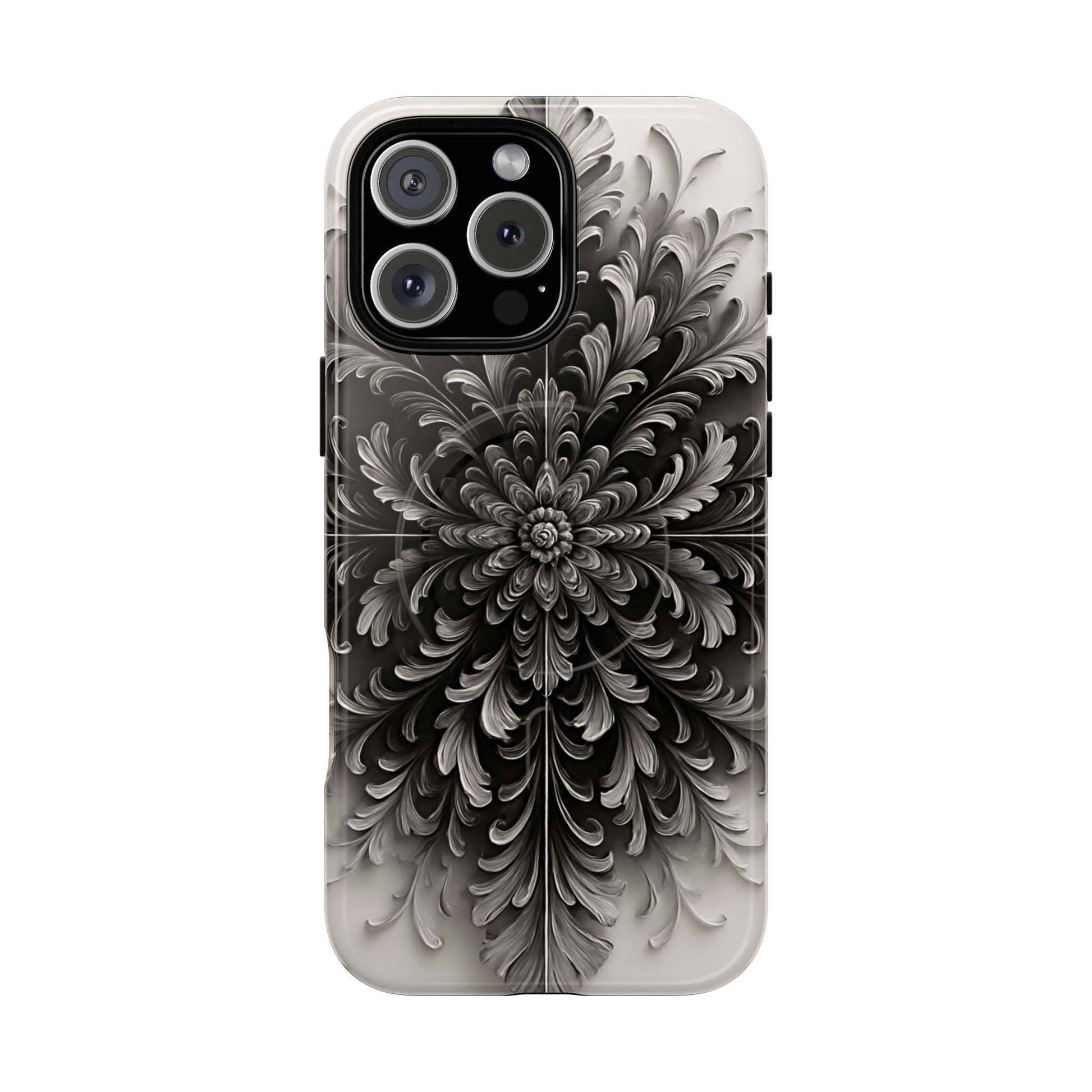 Obsidian Bloom - Elegant Black & White iPhone 16 Pro Max MagSafe Phone Case - Intricate Mandala Flower Design