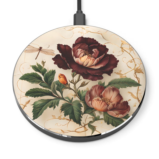 Vintage Burgundy Rose floral art Qi wireless charger with burgundy roses and botanical illustration design