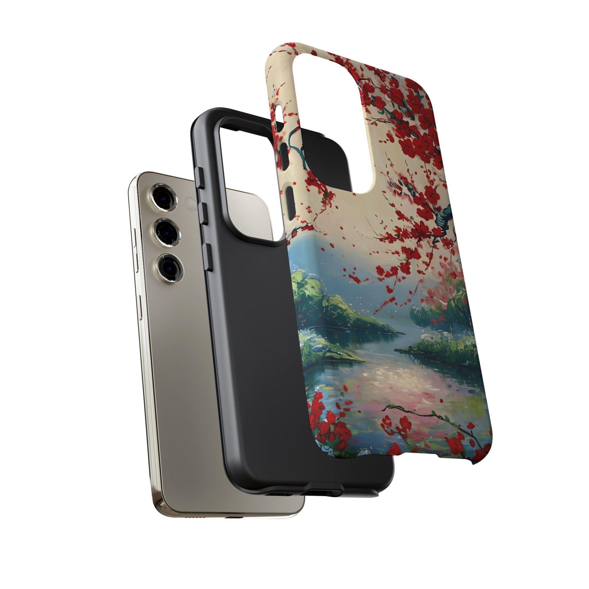 Crimson Blossom Lake - Artistic Floral Landscape Samsung Galaxy S23 Tough Phone Case - Red Cherry Blossoms & Serene Lake Design