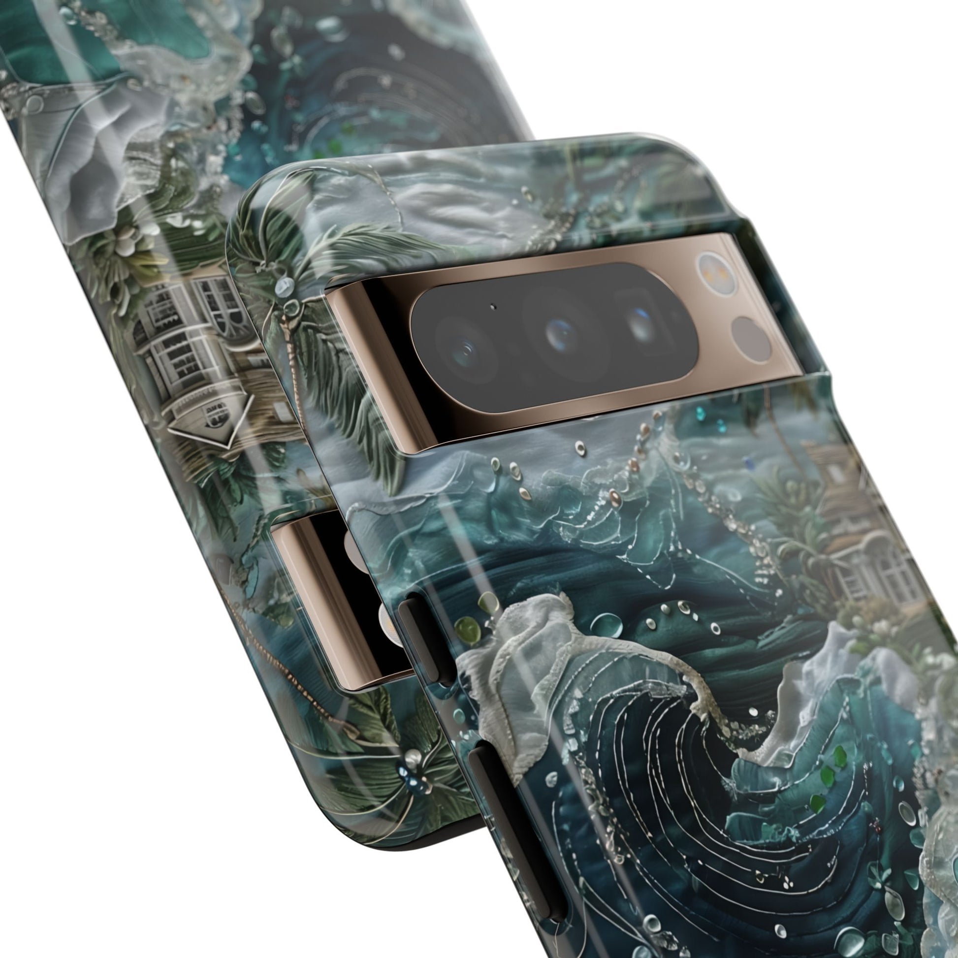 Tropical Midnight Wave deep blue ocean wave design Google Pixel phone case angled view