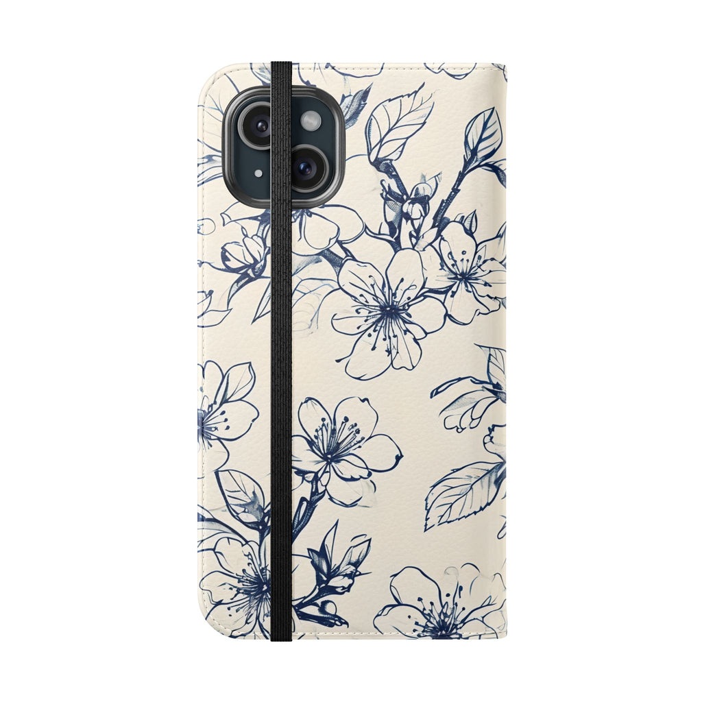 Blossom Sketch - Minimalist Floral Flip Phone Case for iPhone 15 Plus