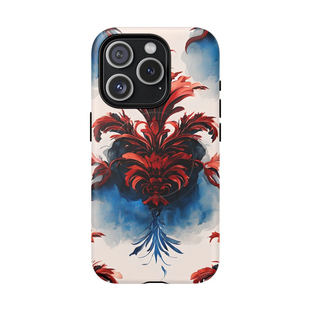 Crimson Plume - Bold Artistic Feather iPhone 15 Pro MagSafe Phone Case - Dramatic Red & Blue Design