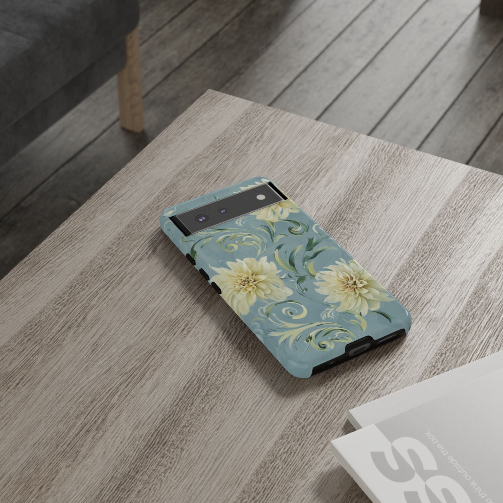 Golden Dahlia Trio - Elegant Floral Google Pixel 6 Tough Phone Case - Artistic White & Blue Dahlia Design
