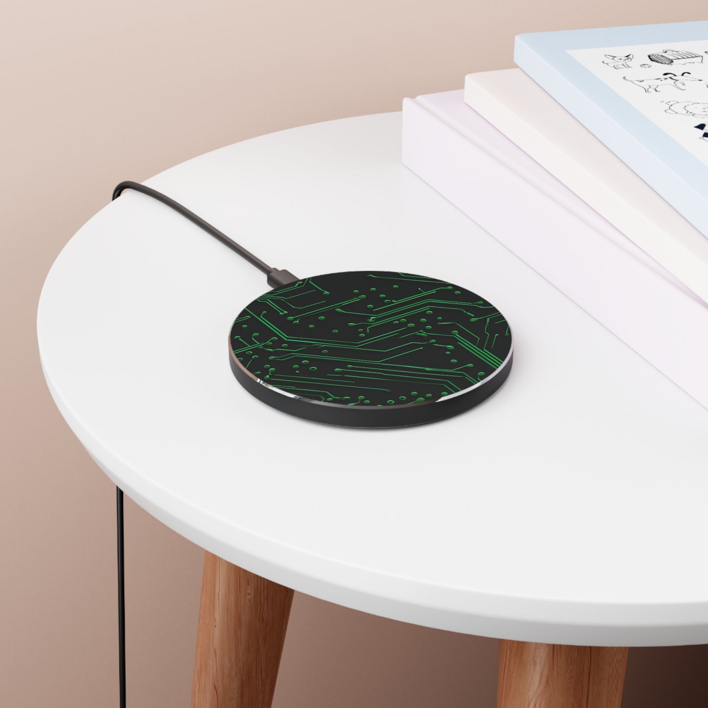 Green Circuit Grid circuit board tech art Qi wireless charger on bedside table with books