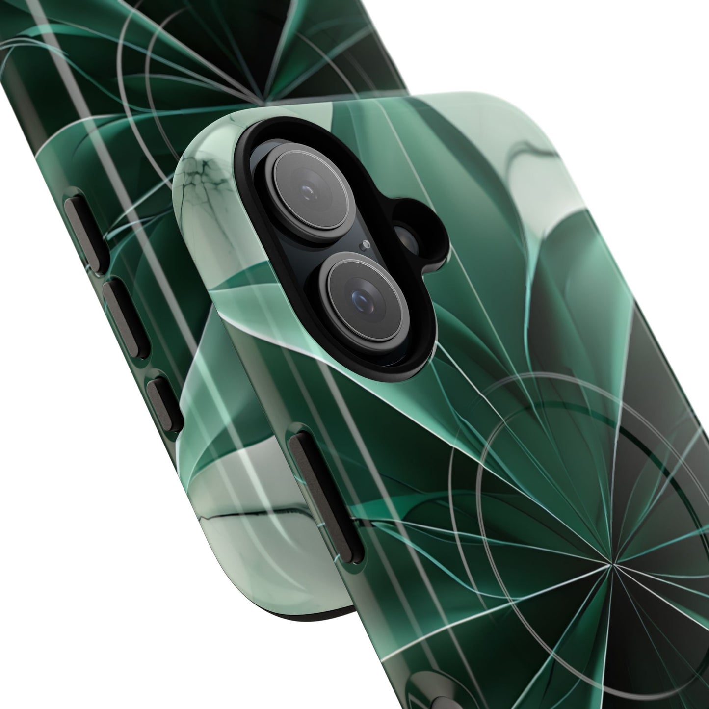 Angled view of Emerald Bloom iPhone MagSafe protective phone case