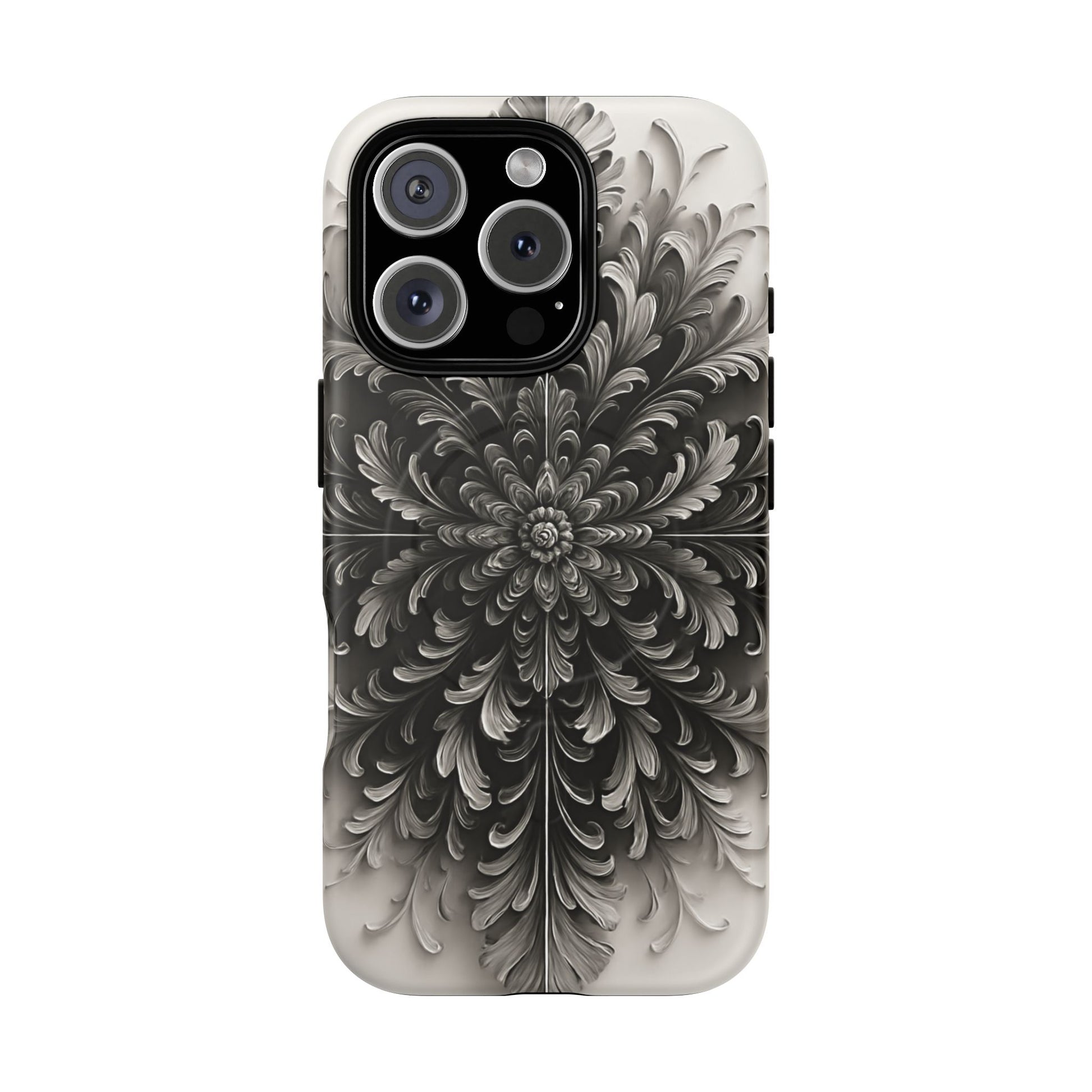 Obsidian Bloom - Elegant Black & White iPhone 16 Pro MagSafe Phone Case - Intricate Mandala Flower Design