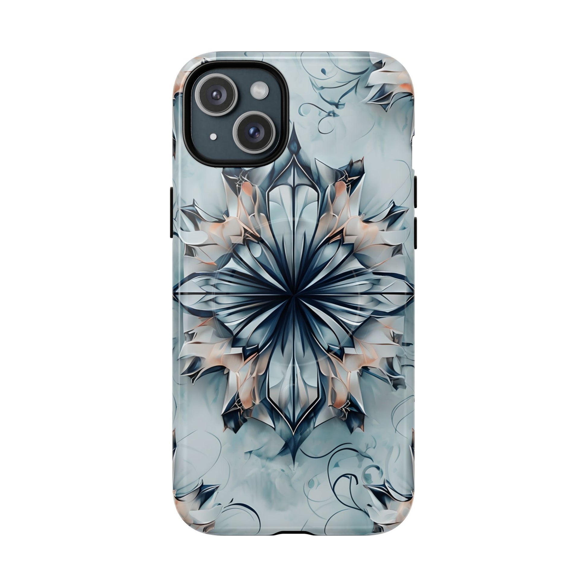 Indigo Mirage - Artistic Kaleidoscope Collection Artistic Floral - iPhone 15 Plus MagSafe Phone Case -Bold Indigo Symmetrical Design