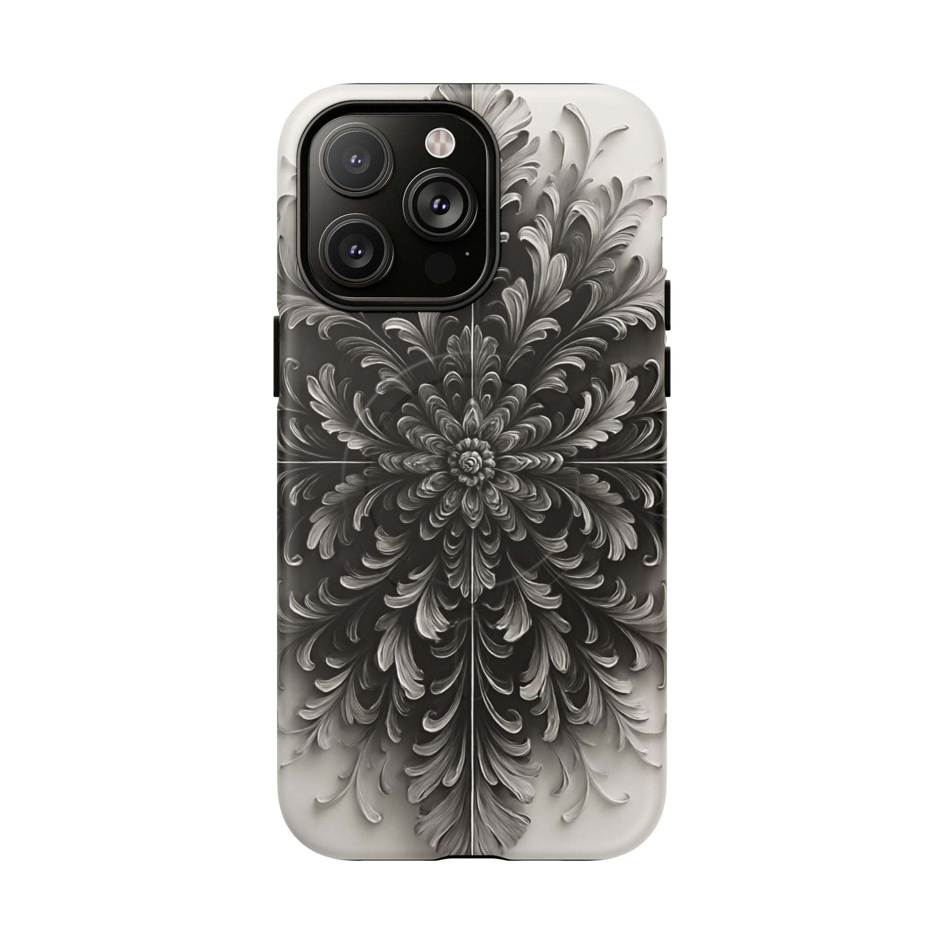 Obsidian Bloom - Elegant Black & White iPhone 14 Pro Max MagSafe Phone Case - Intricate Mandala Flower Design
