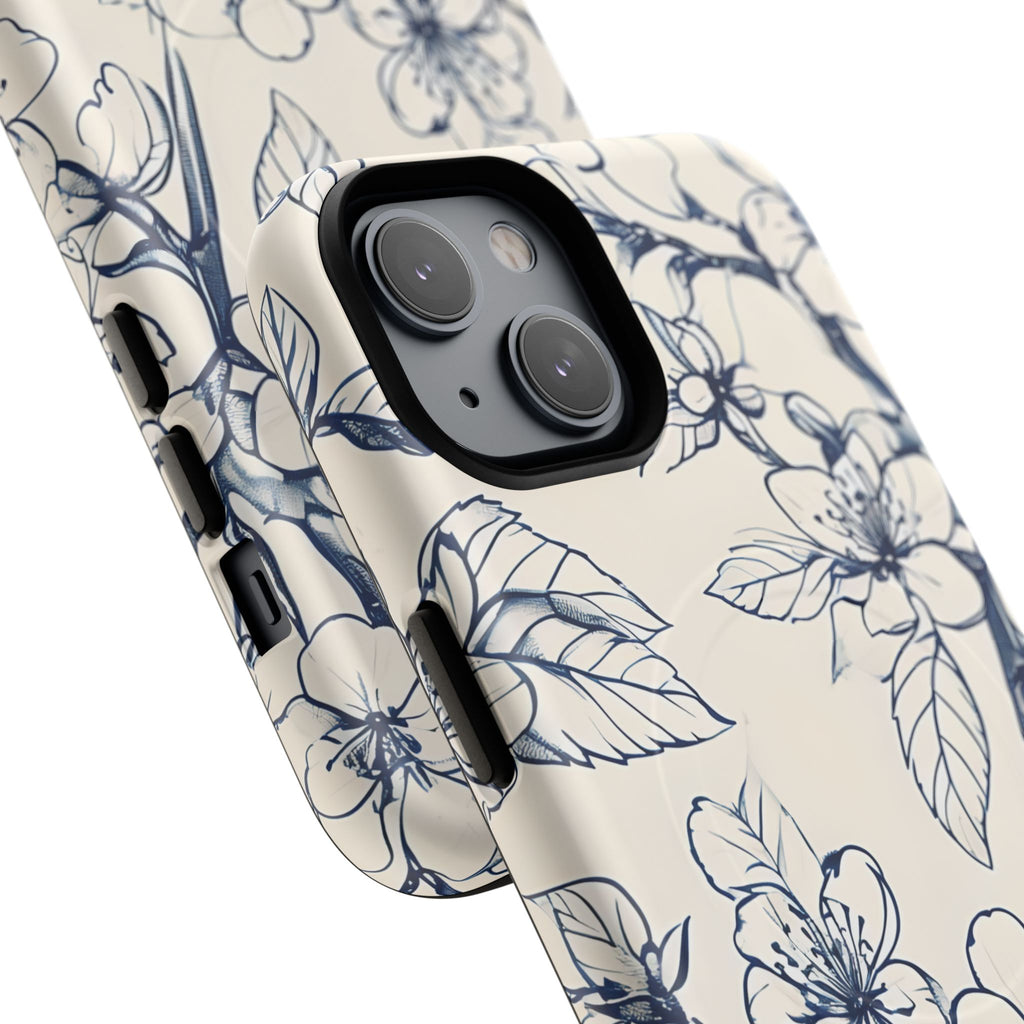 Blossom Sketch - Artistic Blue Floral - iPhone 14 MagSafe Phone Case - Hand-Drawn Botanical Design