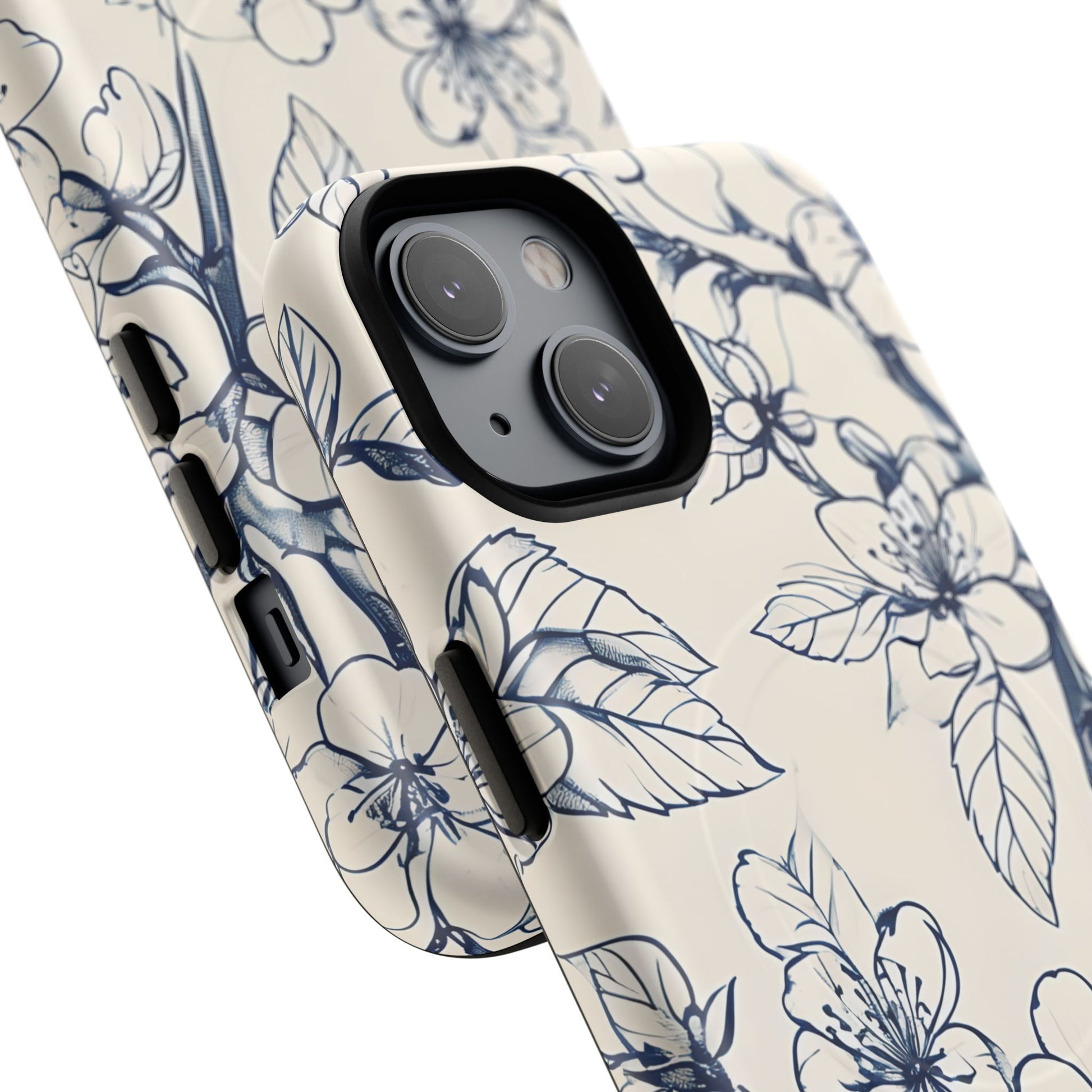 Blossom Sketch - Artistic Blue Floral - iPhone 14 MagSafe Phone Case - Hand-Drawn Botanical Design