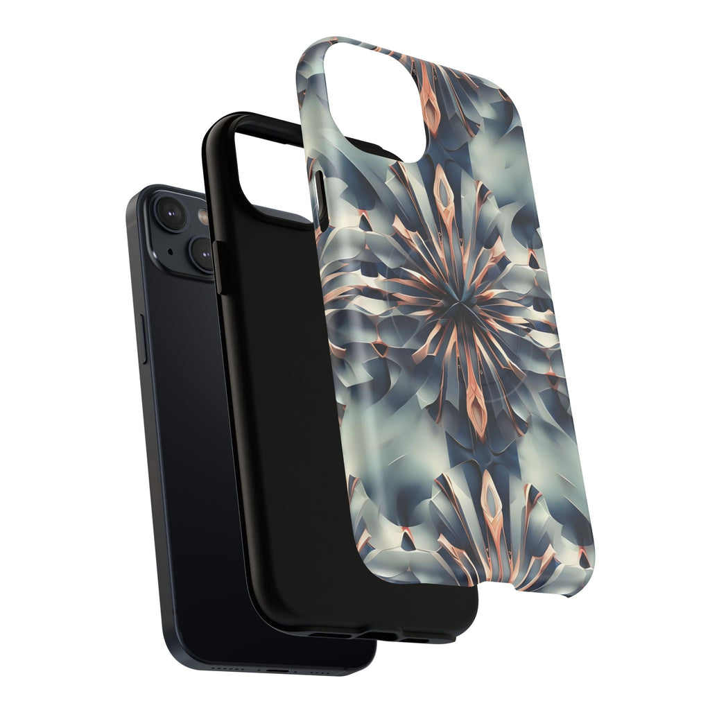 Obsidian Kaleidoscope Artistic Floral Burst - iPhone 14 Plus MagSafe Phone Case -Blue, Peach and Silver Symmetrical Design