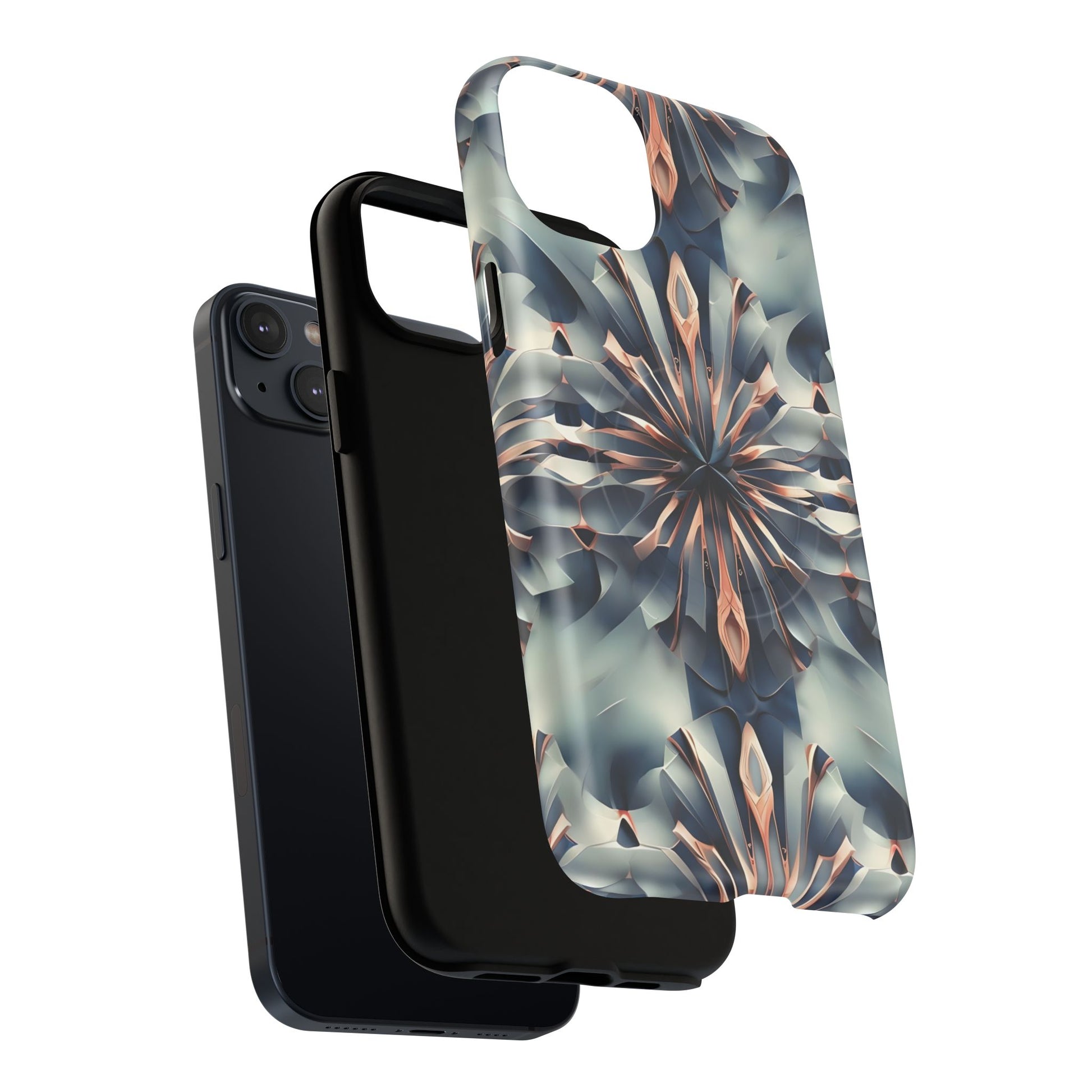Obsidian Kaleidoscope Artistic Floral Burst - iPhone 14 Plus MagSafe Phone Case -Blue, Peach and Silver Symmetrical Design