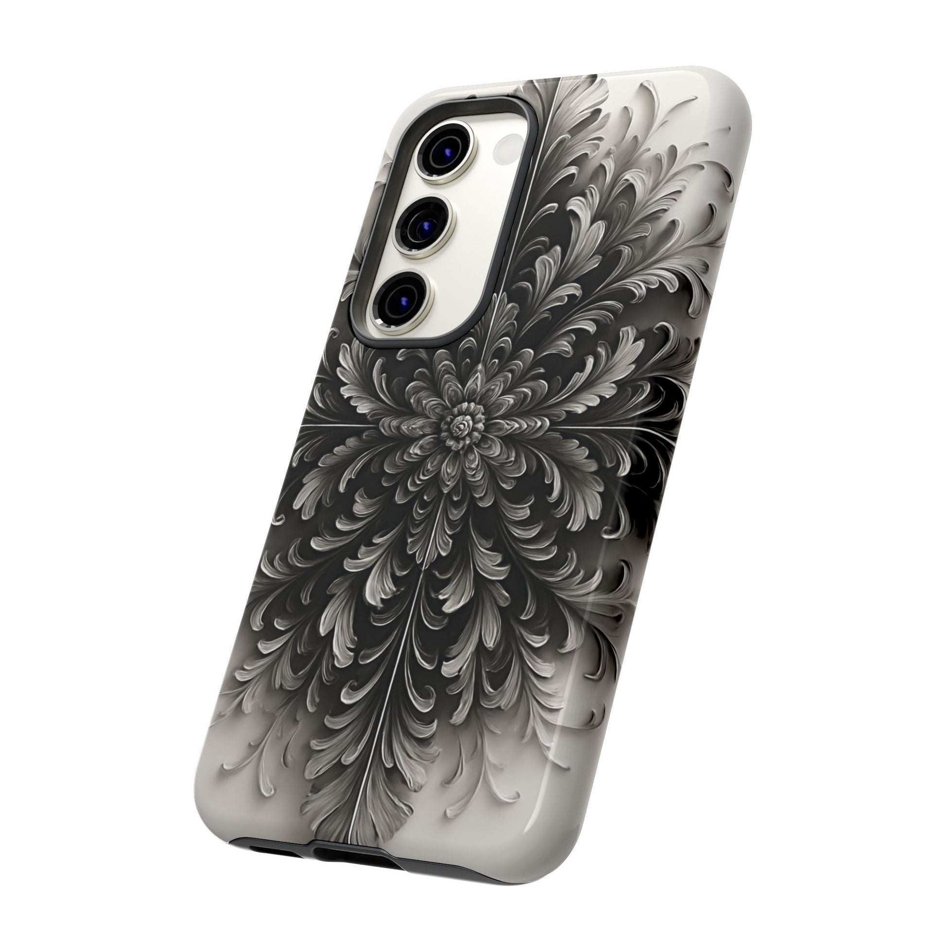 Obsidian Bloom - Elegant Black & White Samsung Galaxy S23 Tough Phone Case - Intricate Mandala Flower Design