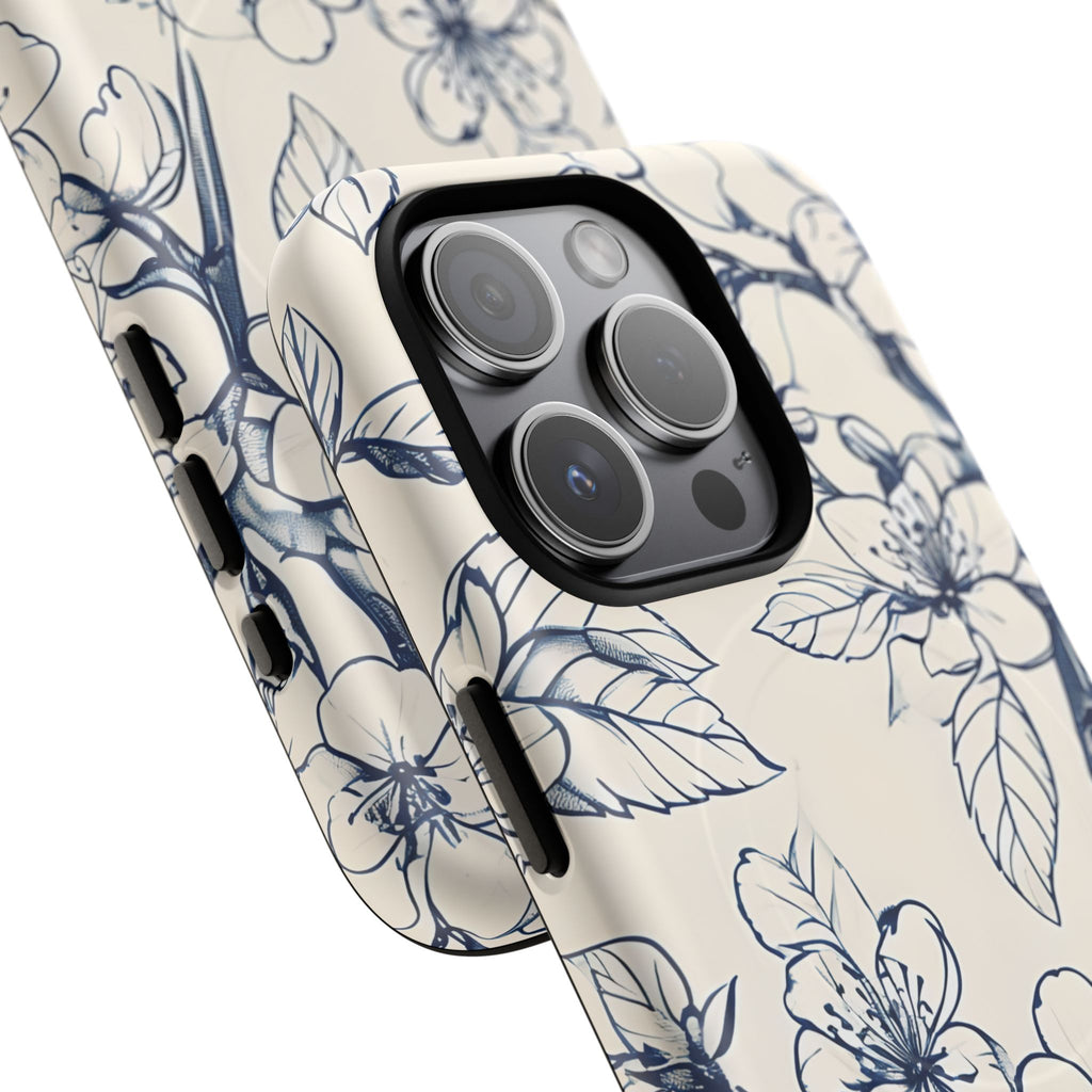 Blossom Sketch - Artistic Blue Floral - iPhone 15 Pro MagSafe Phone Case - Hand-Drawn Botanical Design