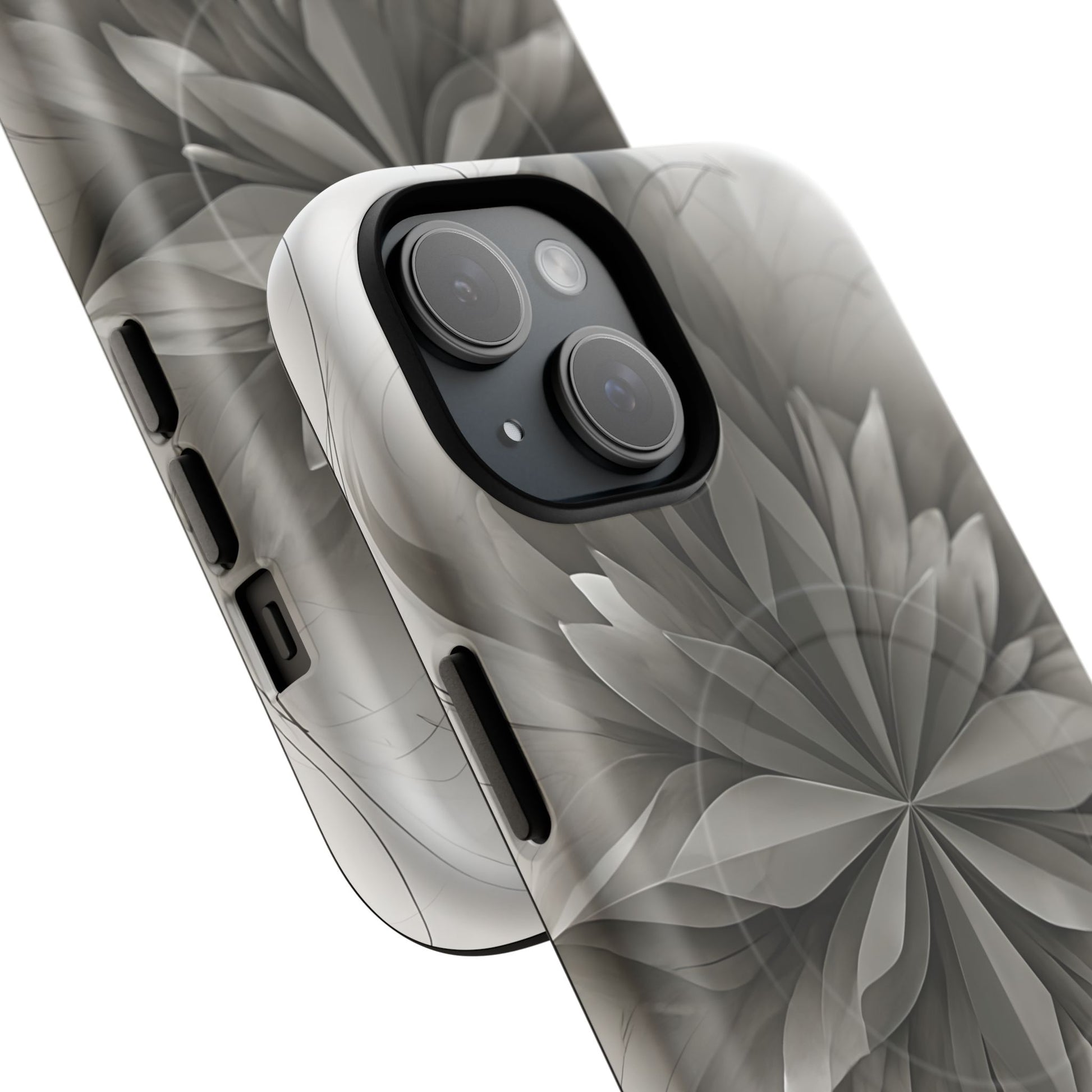 Silver Lotus - Elegant Monochrome Floral iPhone 15 MagSafe Phone Case - Modern Lotus Design