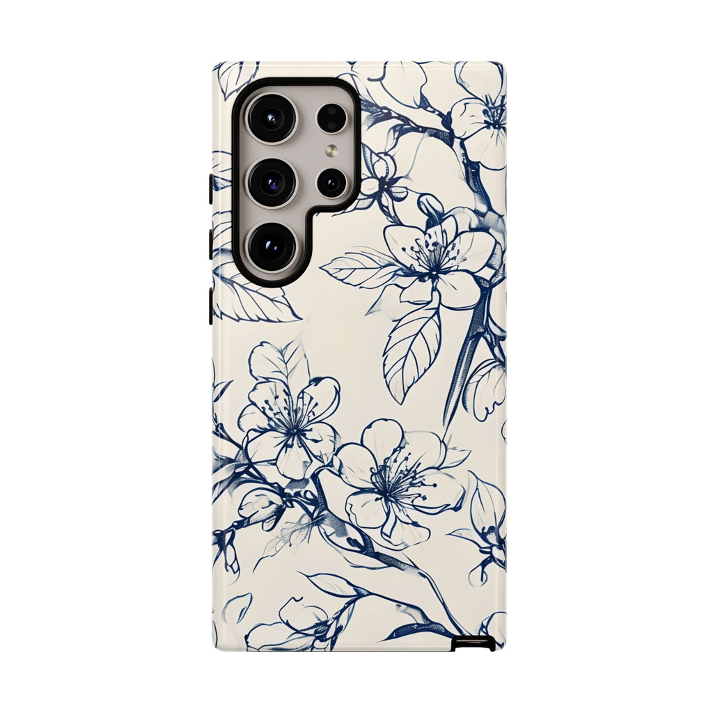 Blossom Sketch - Artistic Blue Floral Samsung Galaxy S24 Ultra Tough Phone Case - Hand-Drawn Botanical Design