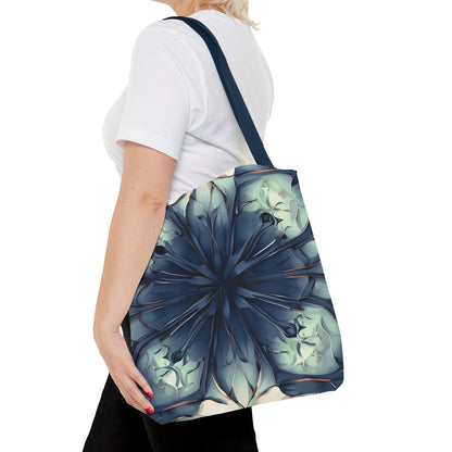 Indigo Mosaic canvas tote bag worn over shoulder showing geometric indigo mosaic artwork
