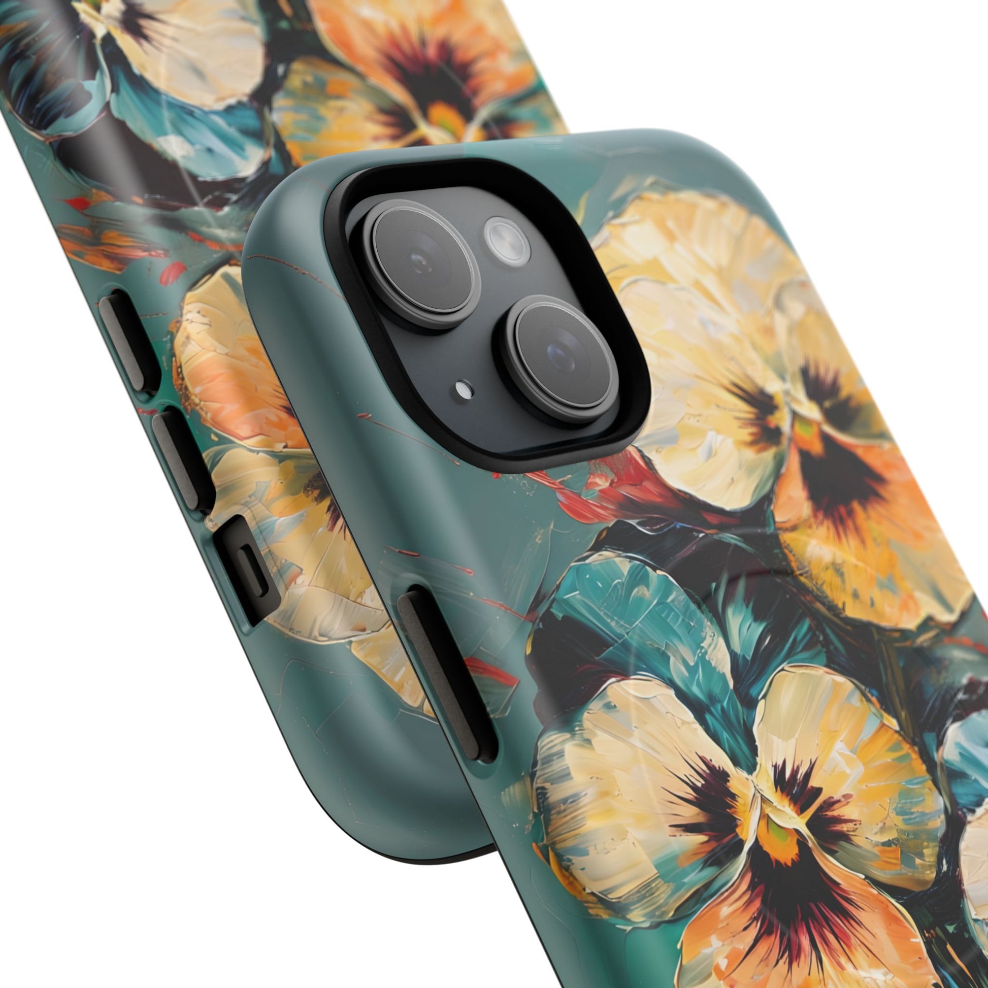 Golden Pansy Cascade - Elegant Floral iPhone 15 MagSafe Case with Deep Teal Background