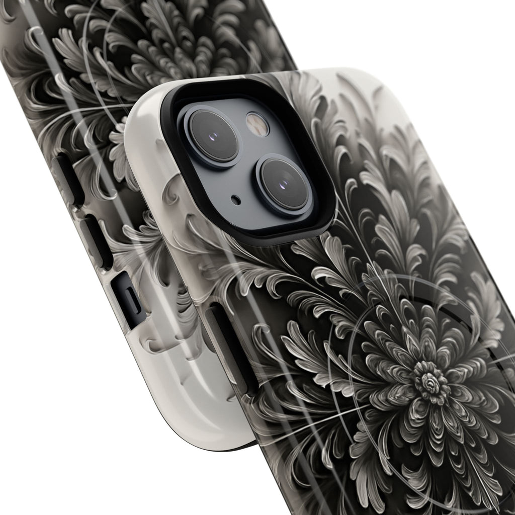 Obsidian Bloom - Elegant Black & White iPhone 14 MagSafe Phone Case - Intricate Mandala Flower Design