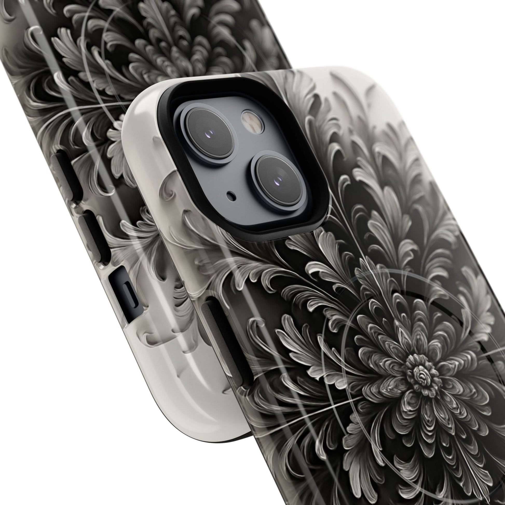 Obsidian Bloom - Elegant Black & White iPhone 14 MagSafe Phone Case - Intricate Mandala Flower Design