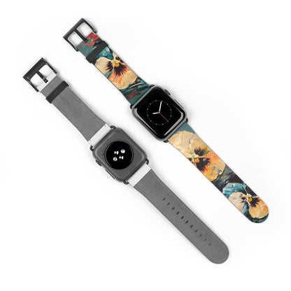 Two Apple Watches displaying Golden Pansy Cascade Apple Watch band showing front with watch face and back of band, both with black clasp
