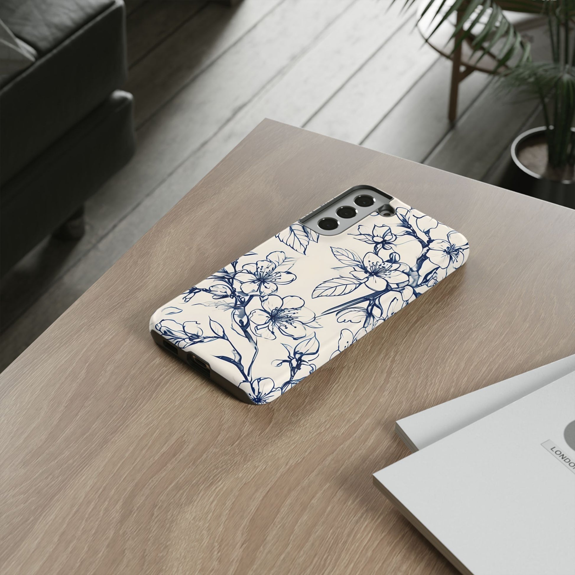 Blossom Sketch - Artistic Blue Floral Samsung Galaxy S22 Plus Tough Phone Case - Hand-Drawn Botanical Design