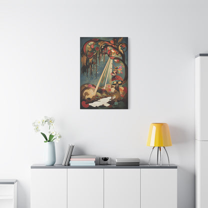 Enchanted Orchard wall art canvas displayed above a modern white console table in a bright living room