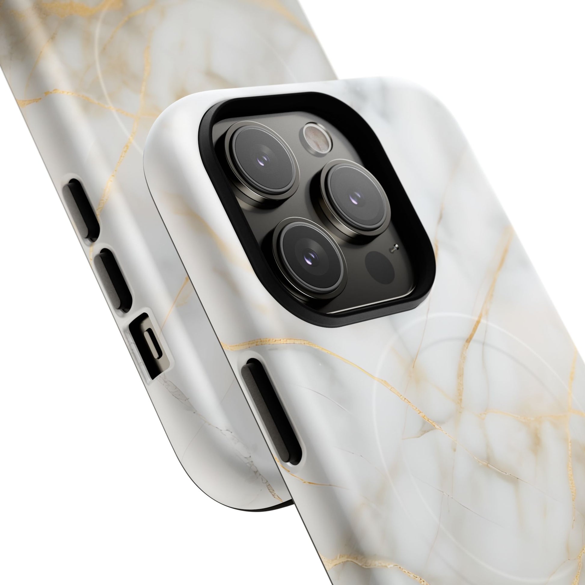 Golden Vein iPhone 14 Pro MagSafe Phone Case -White Neutral Marble Design