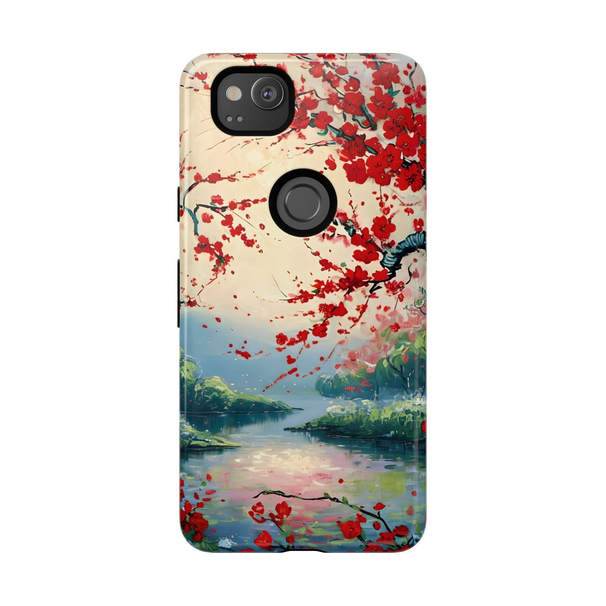 Crimson Blossom Lake - Artistic Floral Landscape Google Pixel 2 Tough Phone Case - Red Cherry Blossoms & Serene Lake Design