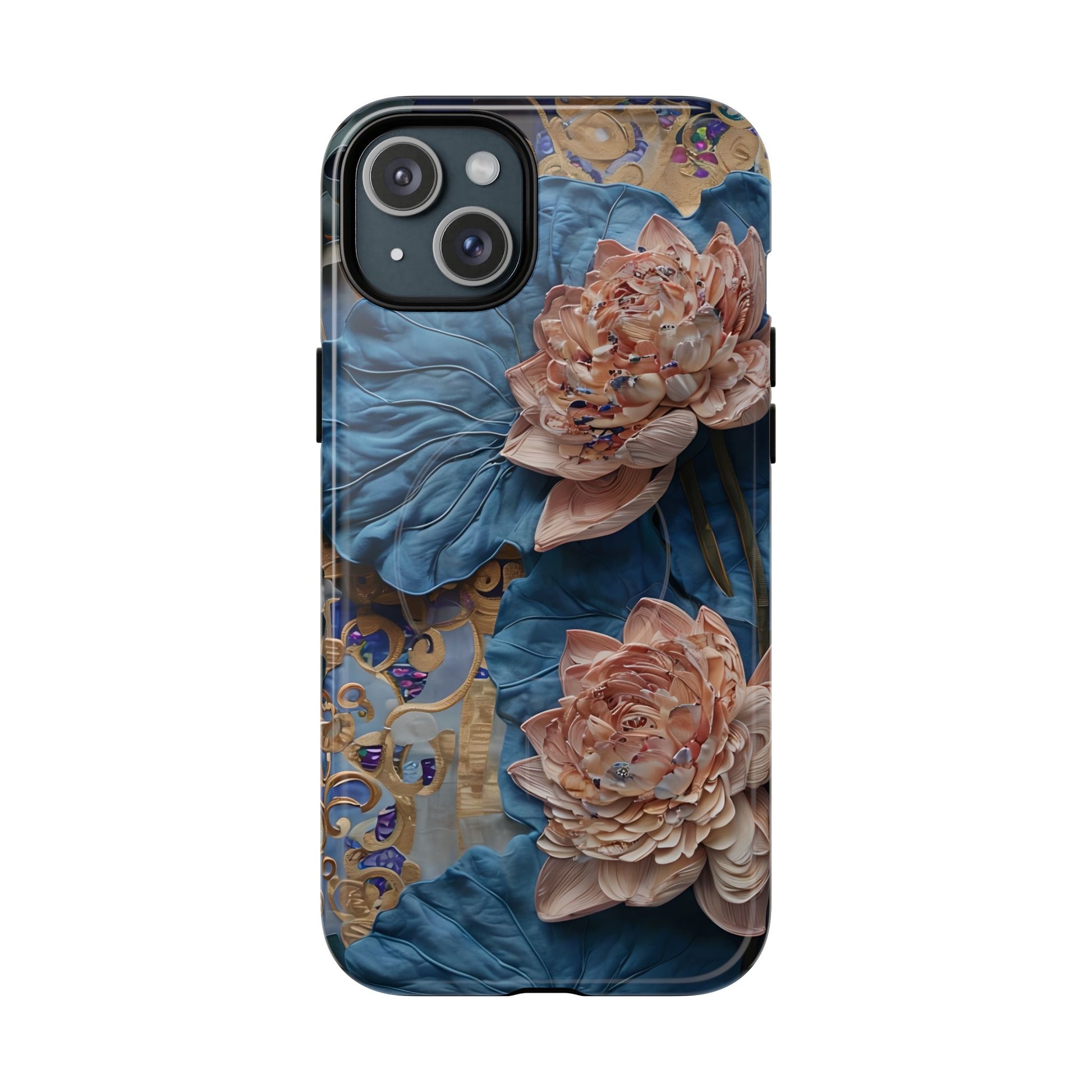 Peony Midnight Tapestry - iPhone 15 Plus - MagSafe Compatible - Elegant Blue & Blush Artful Phone Cover