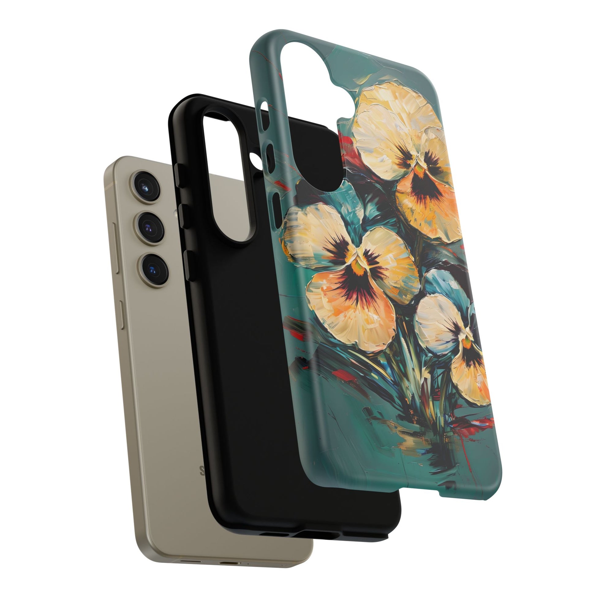 Golden Pansy Cascade Tough Case for Samsung Galaxy S24 - Floral Artistic Shockproof Cover, Elegant Protective Phone Case