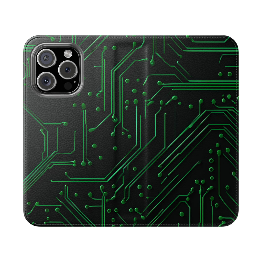 Green Circuit Grid Wallet Phone Case - Green & Black Computer Circuit Design - Flip Cover for iPhone 16 Pro