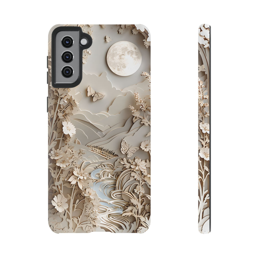 Moonlit Garden - Elegant Neutral Floral Samsung Galaxy S21 Plus Tough Phone Case - Painterly Botanical & Moon Design