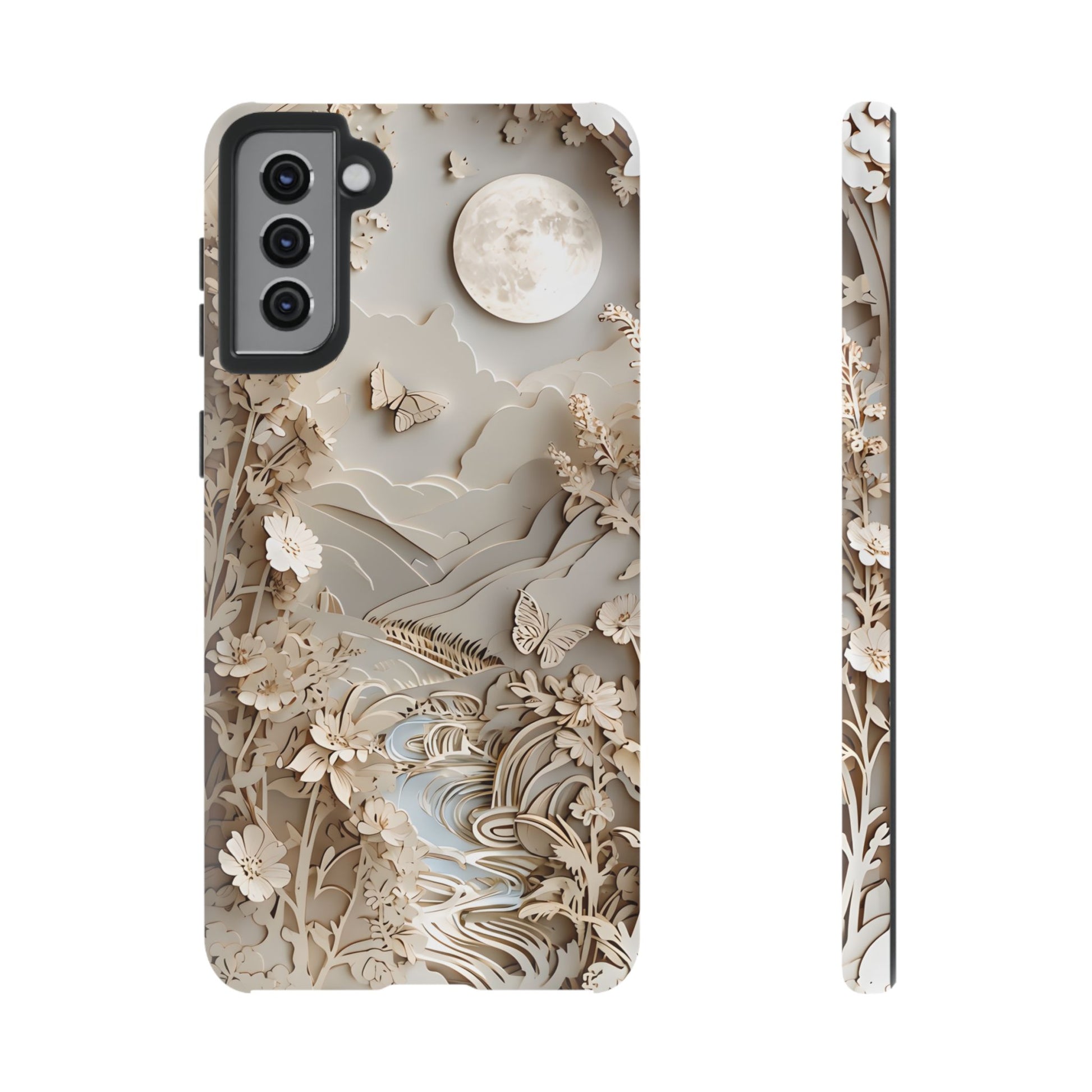 Moonlit Garden - Elegant Neutral Floral Samsung Galaxy S21 Plus Tough Phone Case - Painterly Botanical & Moon Design