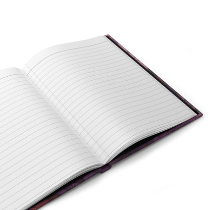 Open hardcover journal showing lined writing pages inside Amethyst Current notebook