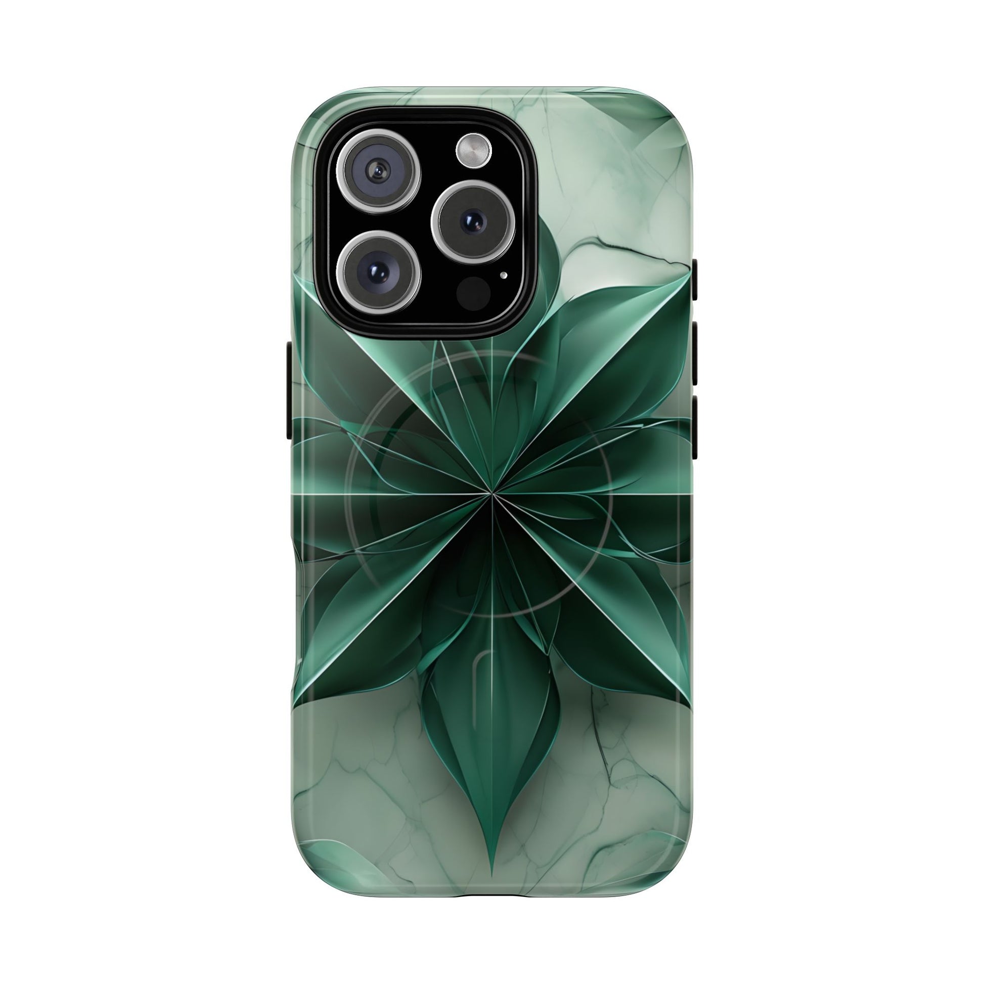 Emerald Bloom iPhone 16 Pro MagSafe Phone Case -Modern Symmetrical Floral Design, Green