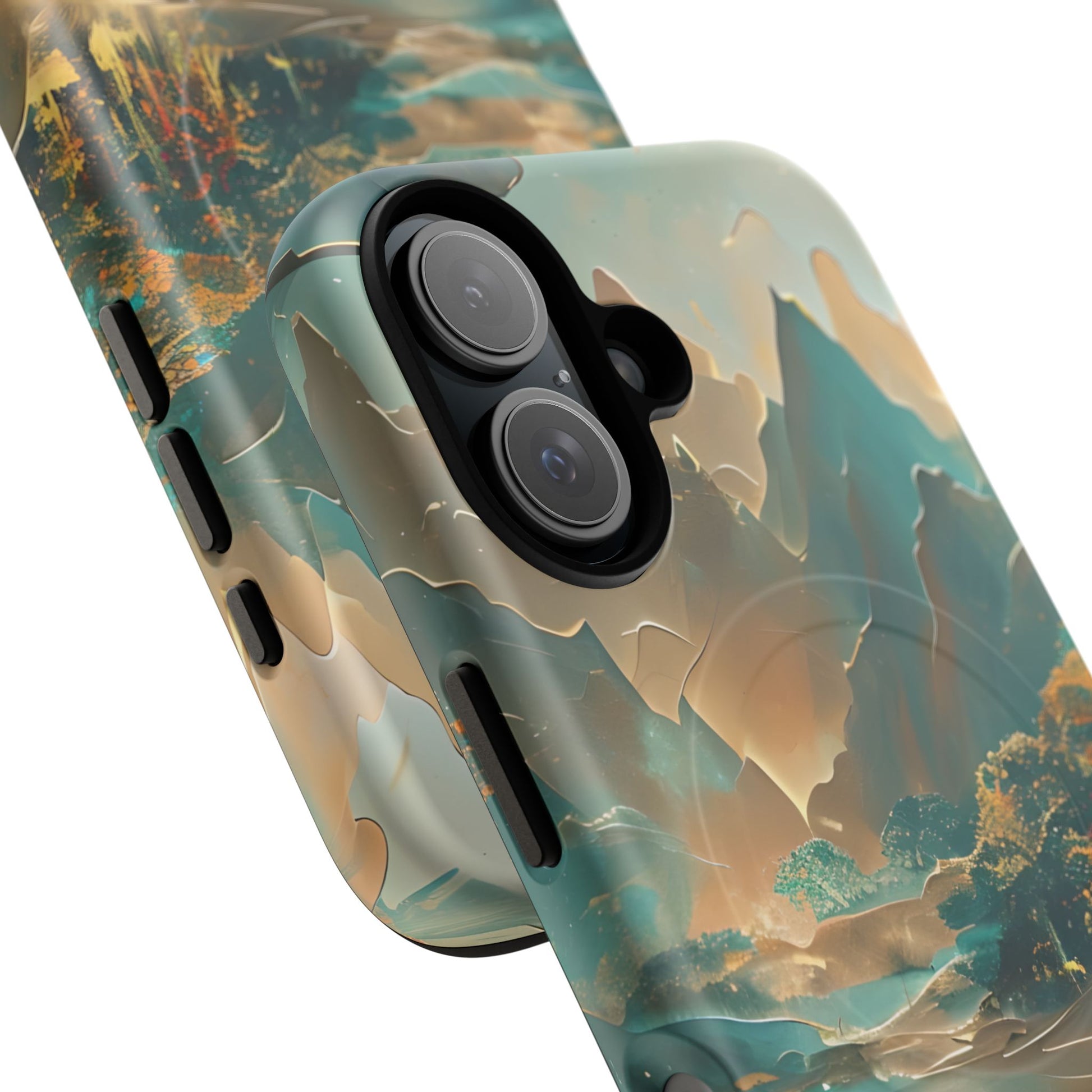 Misty Horizon - Serene Landscape Art iPhone 16 MagSafe Phone Case - Tranquil Mountain & Lake Design