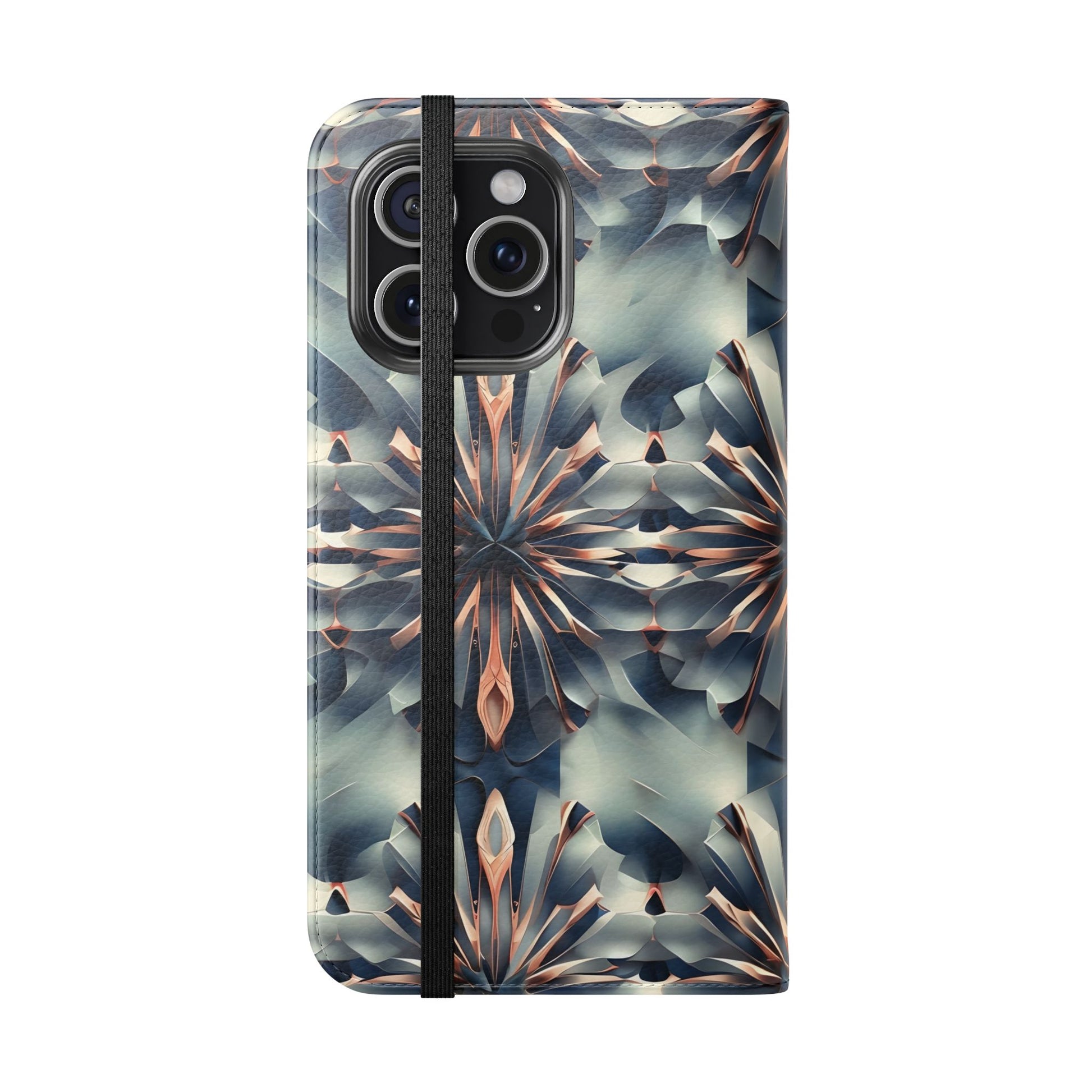 Obsidian Kaleidoscope iPhone 15 Pro Max Wallet Case - Elegant Abstract Flip Cover with Card Slots