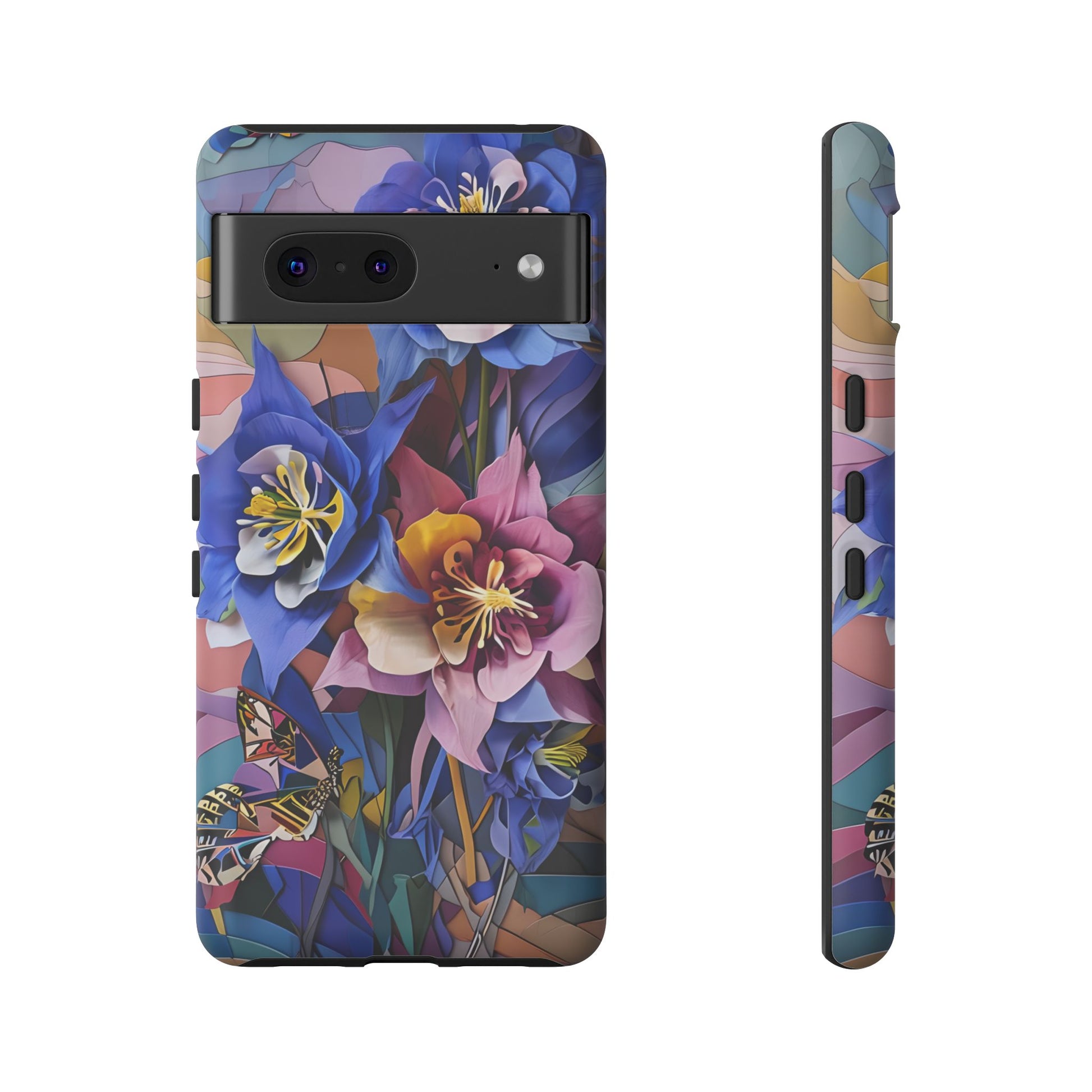 Blue Columbine Carnivale - Artistic Floral & Butterfly Google Pixel 7 Tough Phone Case - Vibrant Botanical Design